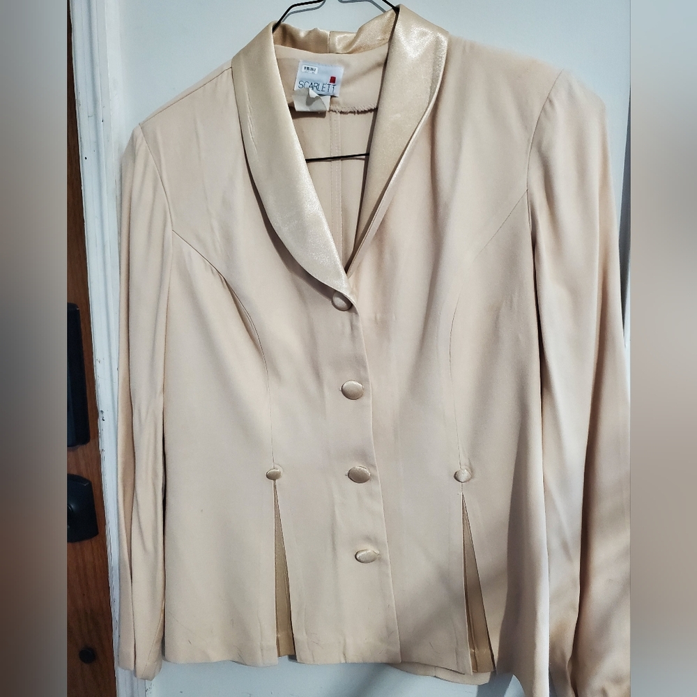 Vintage Scarlett Blazer Size 14 Beige Satin Trim Career Jacket Made in USA